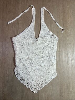 Y2K Gorgeous Boutique White Lace Crochet Summer Halter Top Women’s Extra Large